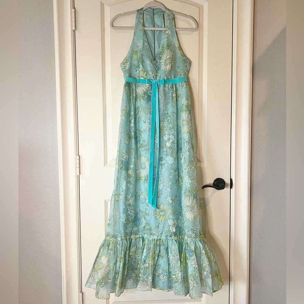 Vintage Blue Floral Maxi Gown Sheer Daisy Overlay Deep V Velvet Bow Dress XS